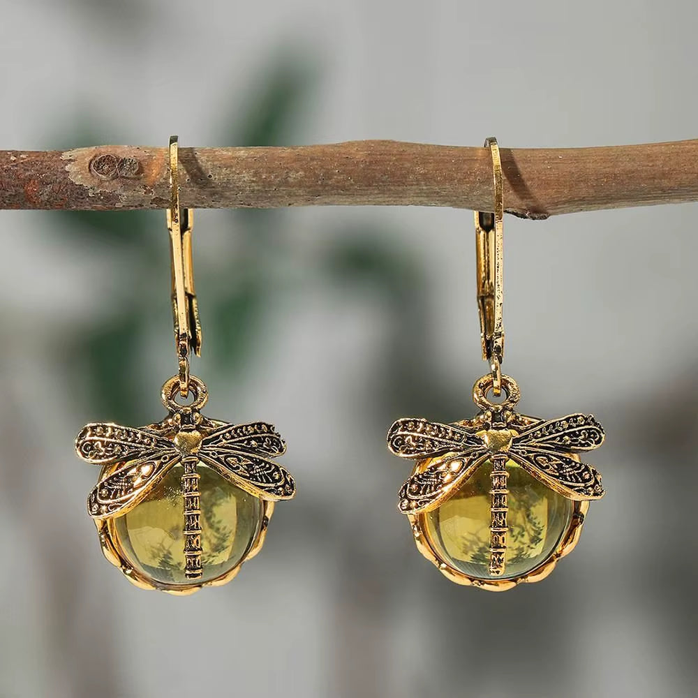 Metal Dragonfly Pendant Earrings Creative Carving Pattern Vintage Drop Earrings Inlaid Moonstone Drop Earrings Women