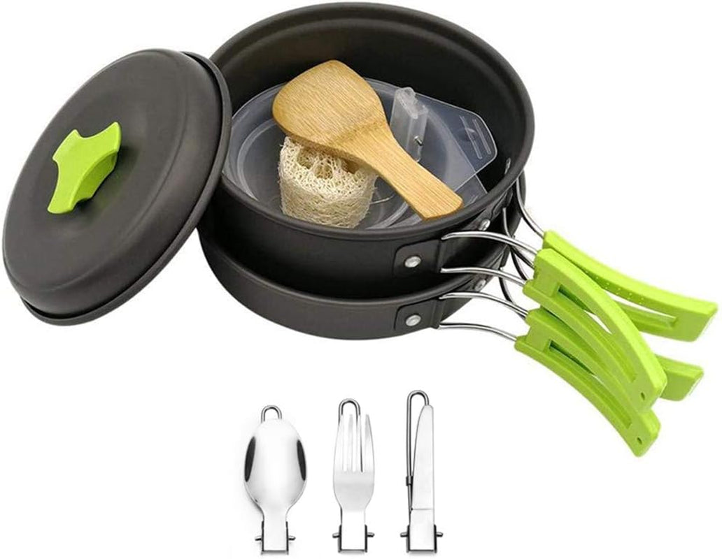 Camping Cookware Mess Kit Gear for 1/2 Person,Backpacking Accessories Equipment Pots and Pan Set with Mesh Carrying Bag for Hiking, Picnic (11 Pieces-Green)