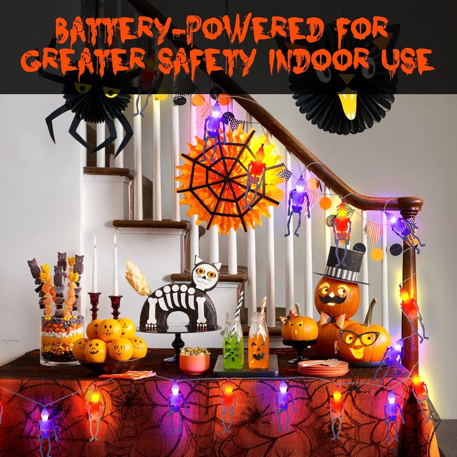 Battery operated skeleton lights, Halloween Decoration Light displayed at a festive indoor Halloween setup.