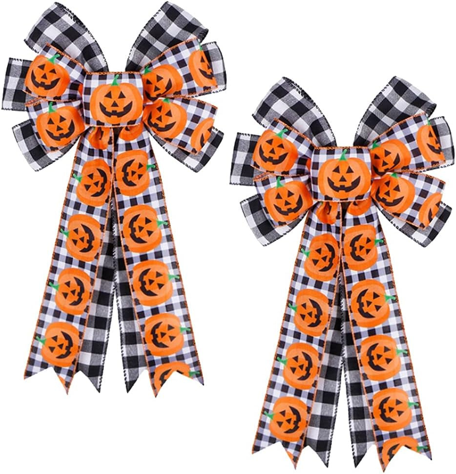 Halloween Wreath Bows Large Halloween Burlap Bow Tree Topper Black Buffalo Plaid Pumpkin Pattern Gift Bow for Halloween Party Holiday Decorative Bows Home Indoor Outdoor Ornaments