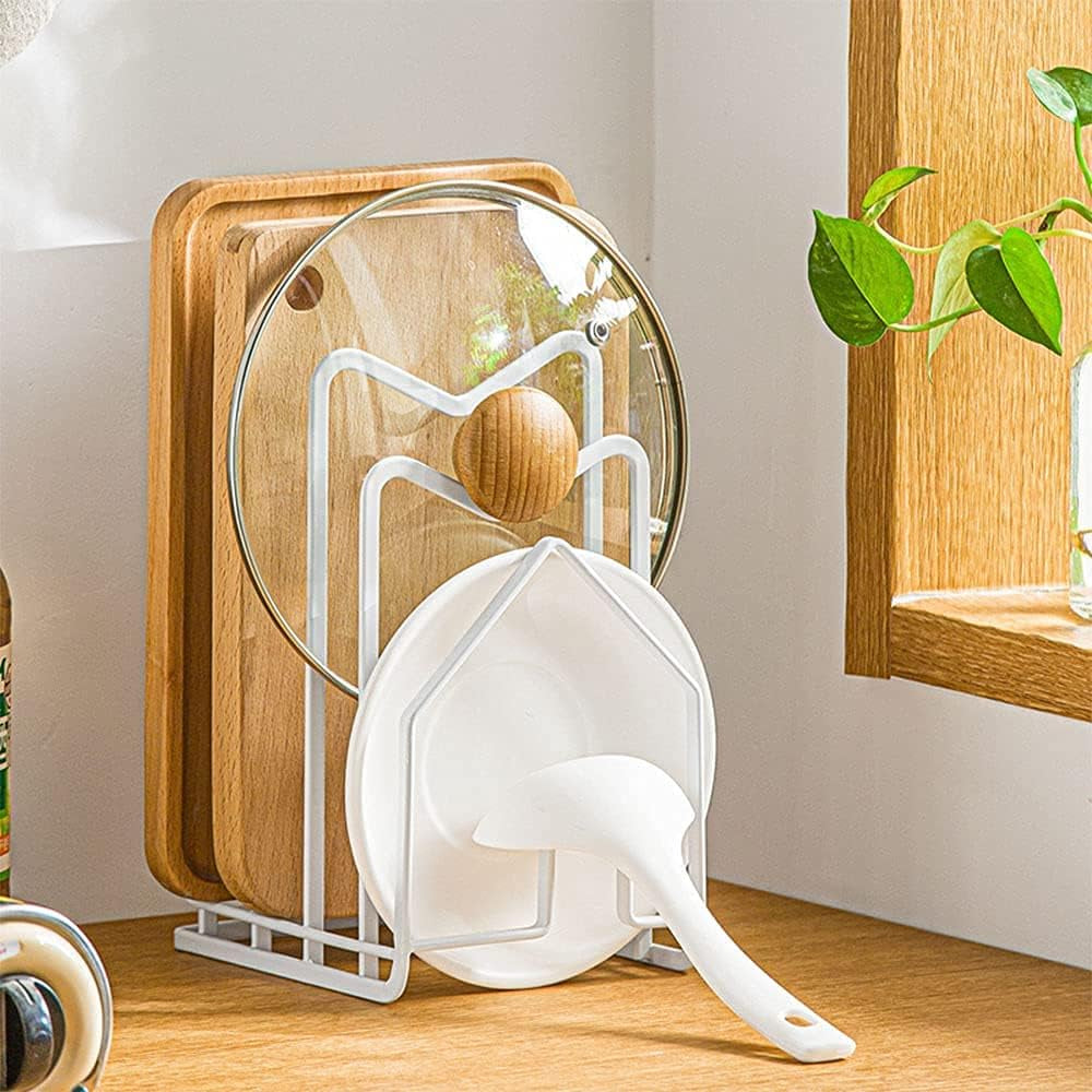 Cutting Board Holder Chopping Board Stand Rack W 2 Adhesive Hooks Pot Pan Lids Holder Kitchen Countertop Organizer Rack Black