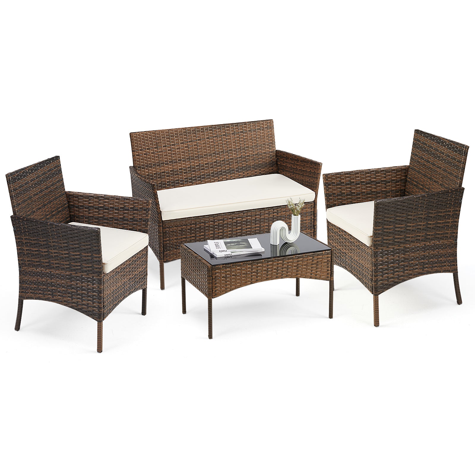 Patio Furniture Set 4 Pieces, Outdoor Furniture with Glass Table, Weaving Wicker Rattan Patio Chairs for Garden, Terrace, Porch, Lawns