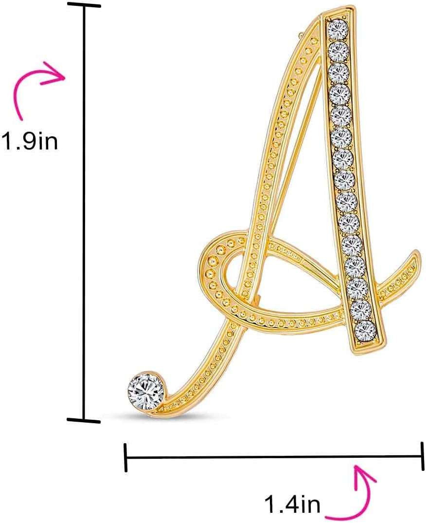 Large Statement ABC Pave Crystal Cursive Script Monogram Letters Alphabet Initial Scarf Lapel Pin Brooch for Teen Women Rose, Yellow Gold Silver Plated