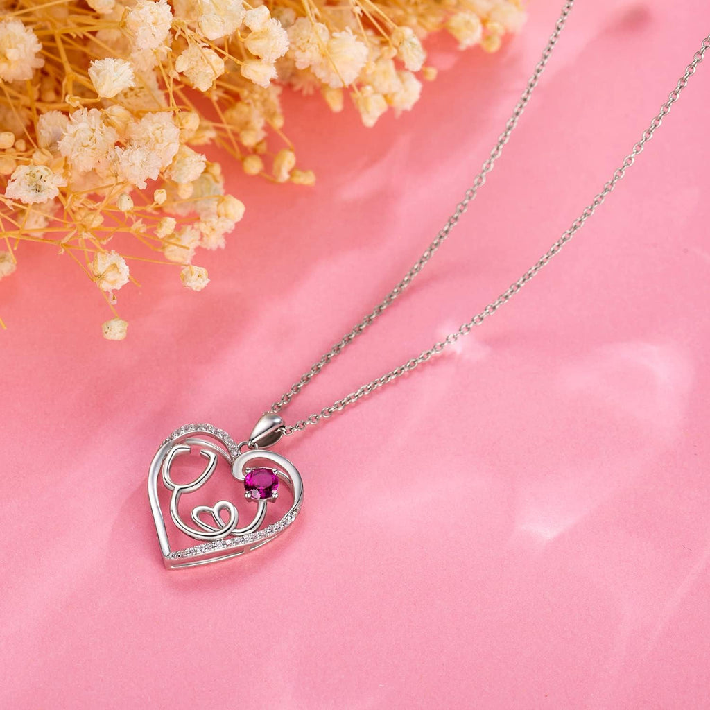 925 Sterling Silver Heart Necklace 14K Gold or Rose Gold Nurse Birthstone Necklace Stethoscope Necklaces for Doctor Medical Student RN for Festival or Holiday