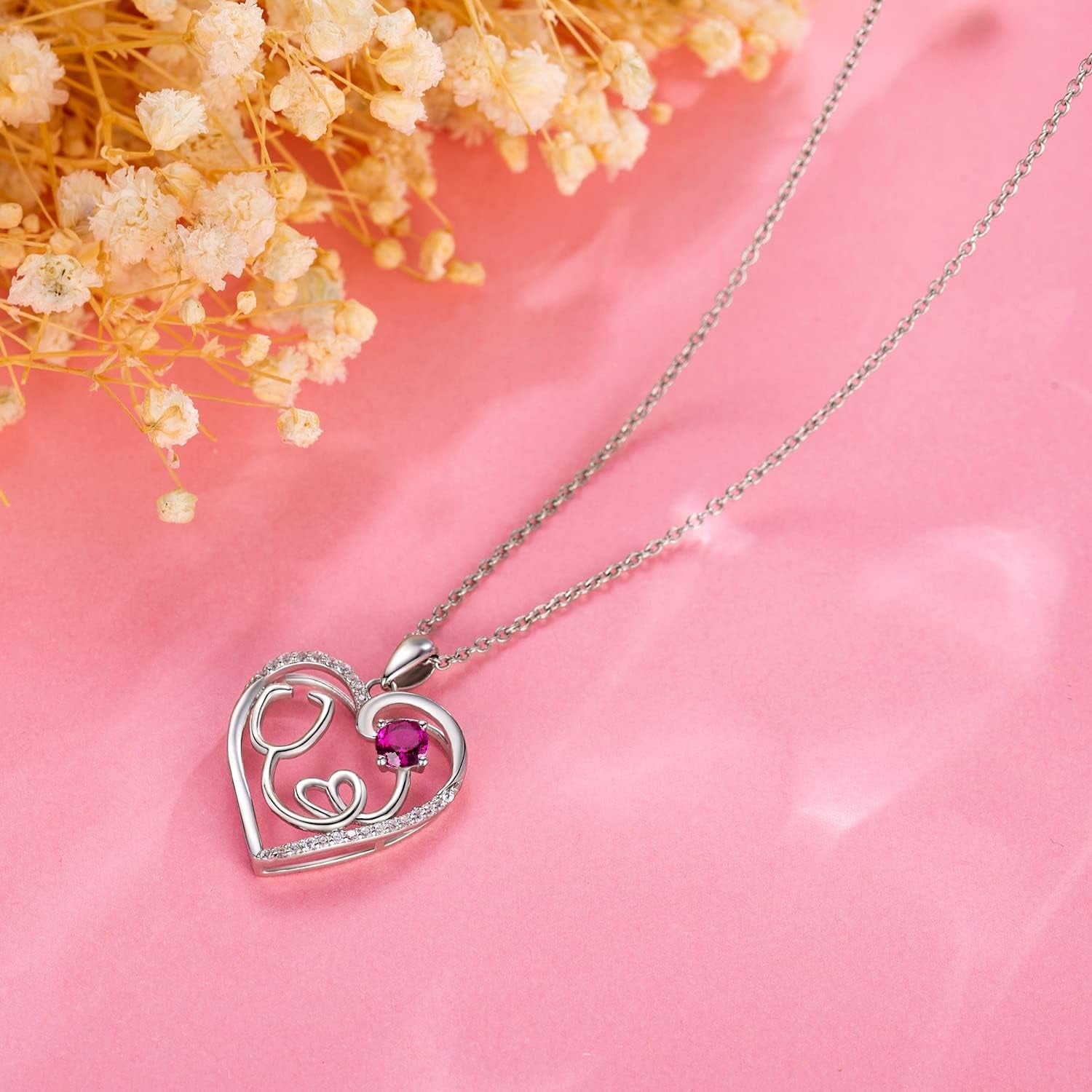 925 Sterling Silver Heart Necklace 14K Gold or Rose Gold Nurse Birthstone Necklace Stethoscope Necklaces for Doctor Medical Student RN for Festival or Holiday
