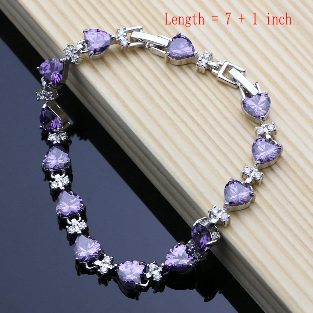 Romantic Heart Shaped Silver 925 Jewelry Sets for Women Purple Amethyst Earrings Rings Confession Girl Necklace Set Dropshipping