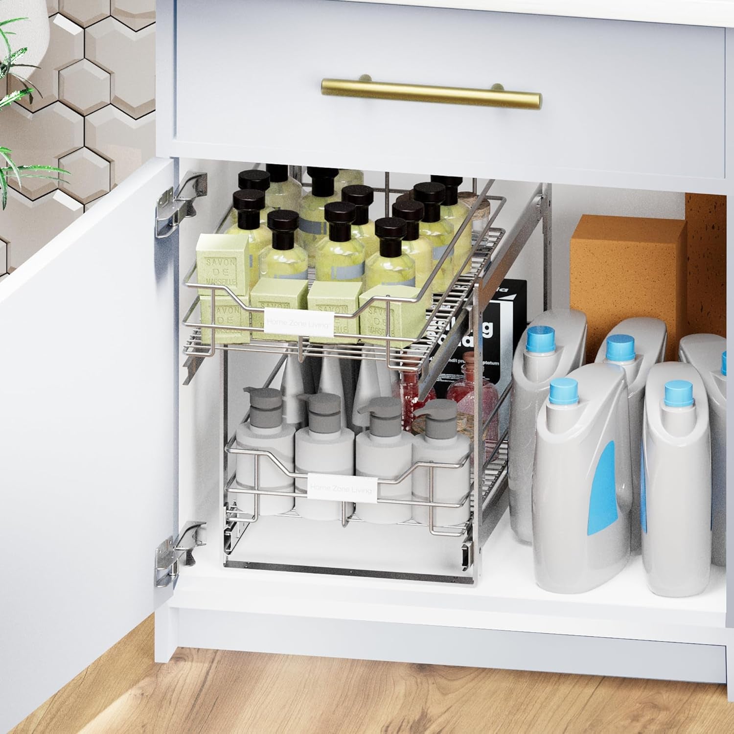 Pull Out Kitchen Cabinet Organizer with Two Tiers of Storage, 11” W X 20” D