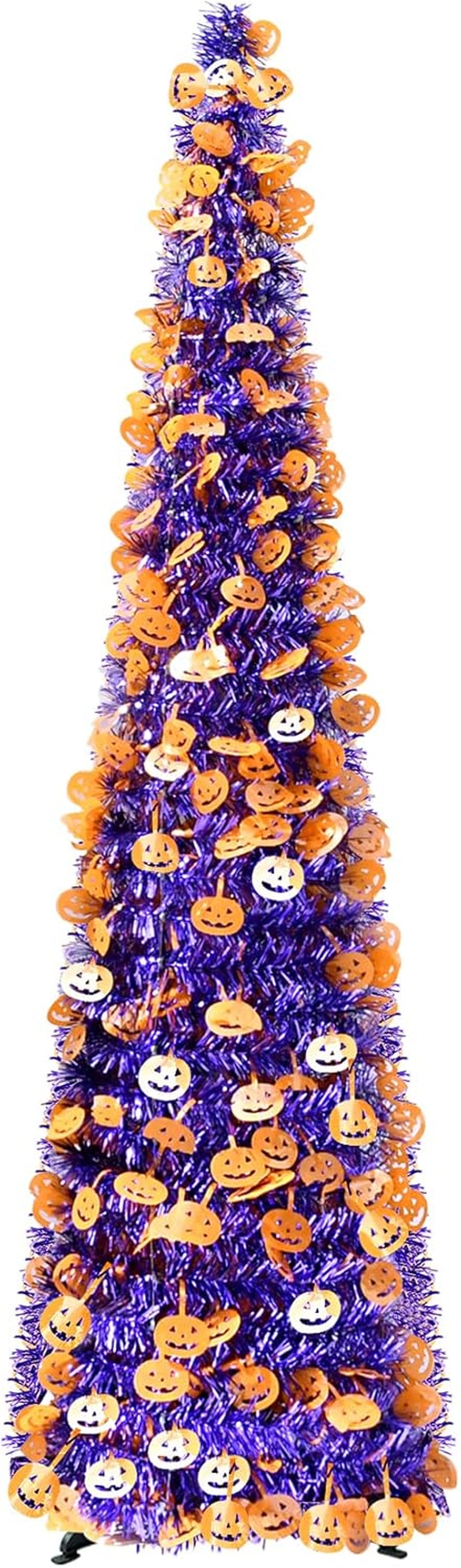 5' Purple Tinsel Pop-Up Artificial Halloween Christmas Tree, Decoracted Halloween Pumpkin Sequins,Collapsible Pencil Halloween Christmas Trees for Halloween Christmas Decoration