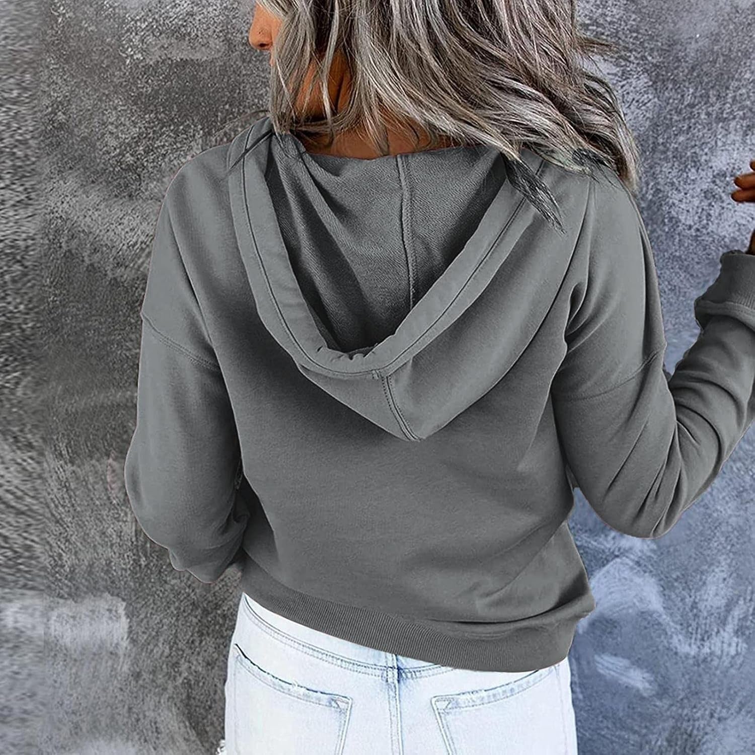 Hoodies for Women Pullover Graphic, Womens Sweatshirt with Pockets Solid Color Casual Long Sleeve Drawstring Pullover Tops Blouse Fall Gray