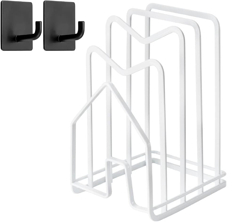 Cutting Board Holder Pot Pan Lids Rack W 2 Adhesive Hooks Kitchen Countertop Storage Shelf Chopping Board Organizer Stand Holder 4.92 X 5.7 X 8.46 In.White
