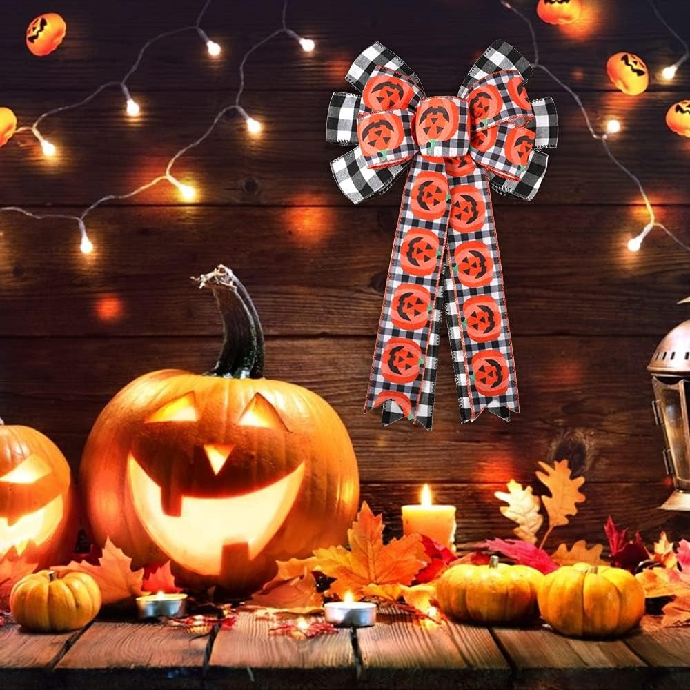 Halloween Wreath Bows Large Halloween Burlap Bow Tree Topper Black Buffalo Plaid Pumpkin Pattern Gift Bow for Halloween Party Holiday Decorative Bows Home Indoor Outdoor Ornaments