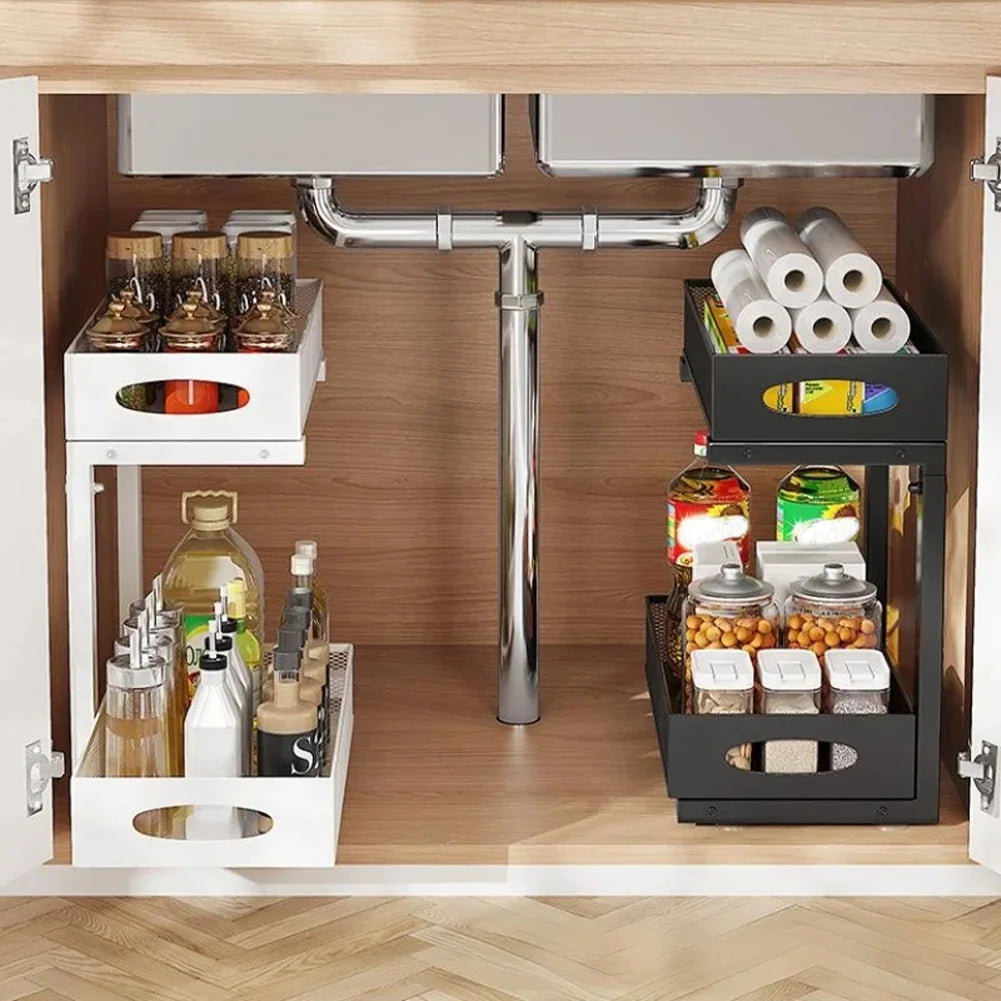 2 Layers Carbon Steel under Sink Storage Pull-Out Drawer Shelf Double-Layer Adjustable under Sink Storage Rack for Layered