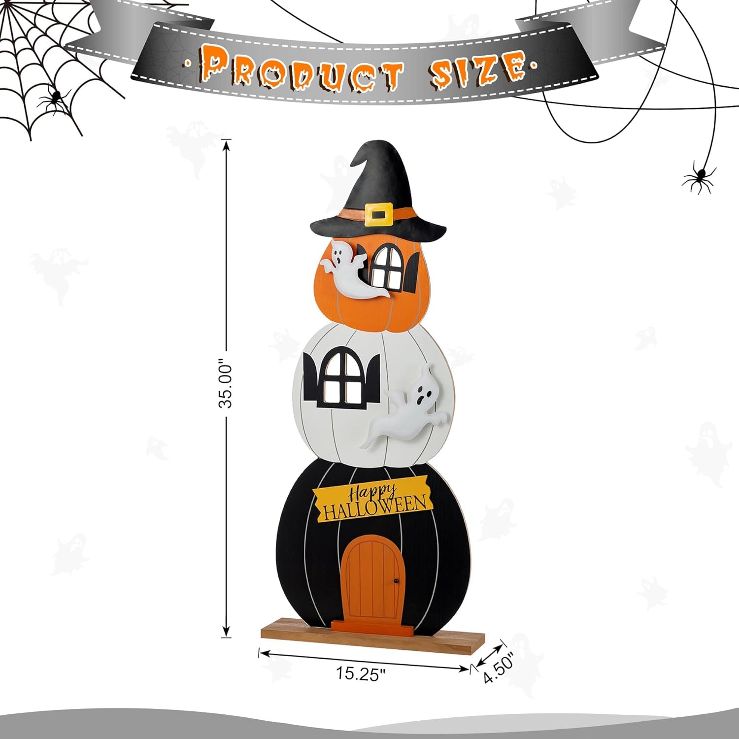 35"H Halloween Wooden Pumpkin Haunted House Porch Decor - Stacked Pumpkin with Witch Hat, Ghosts & Happy Halloween, Detachable Base for Easy Storage, Halloween Porch Sign Front Door Decor