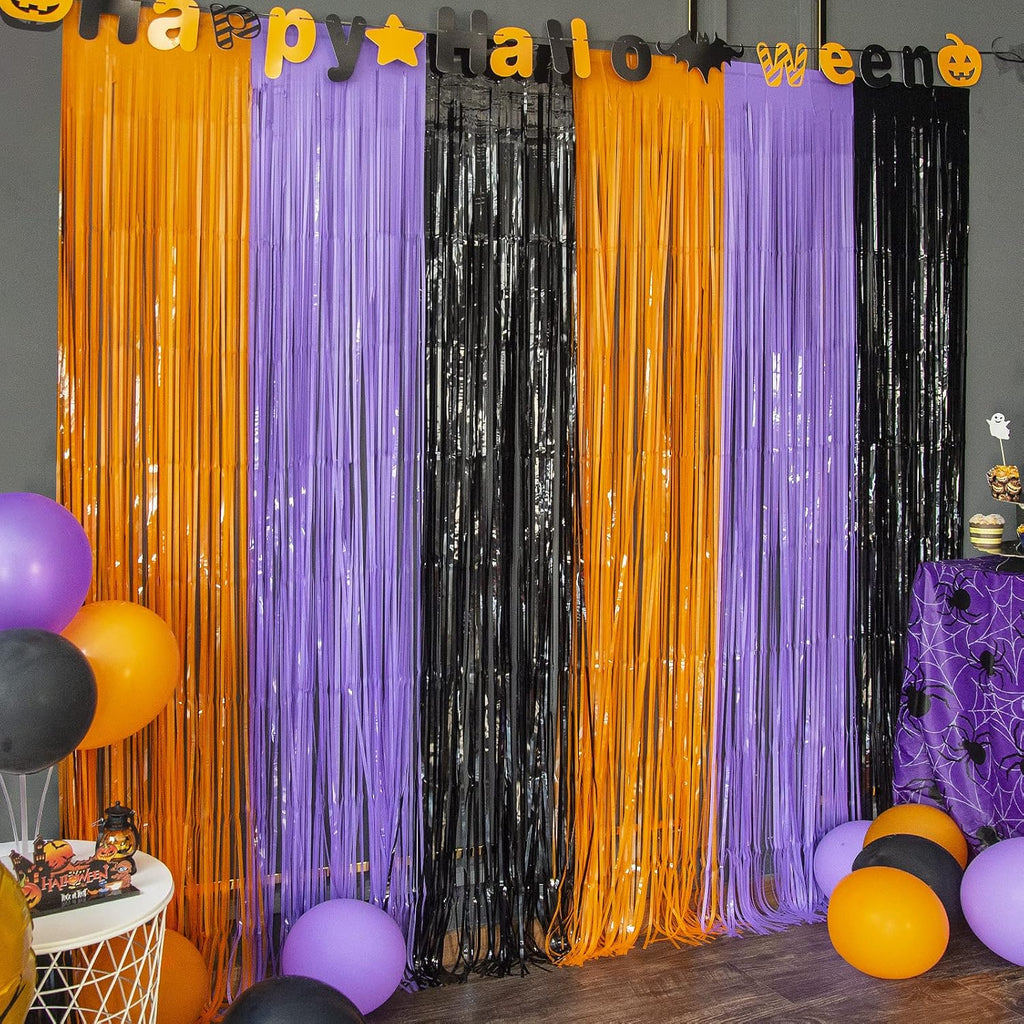 3 Pack Orange Purple Black Photo Booth Props,3.3 X 6.6 Ft Halloween Foil Fringe Curtains,Halloween Party Photo Backdrop Streamer Backdrop for Birthday Anniversary Halloween Party Decoration