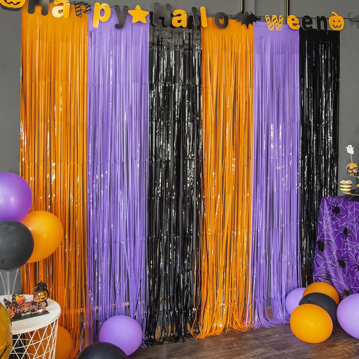3 Pack Orange Purple Black Photo Booth Props,3.3 X 6.6 Ft Halloween Foil Fringe Curtains,Halloween Party Photo Backdrop Streamer Backdrop for Birthday Anniversary Halloween Party Decoration