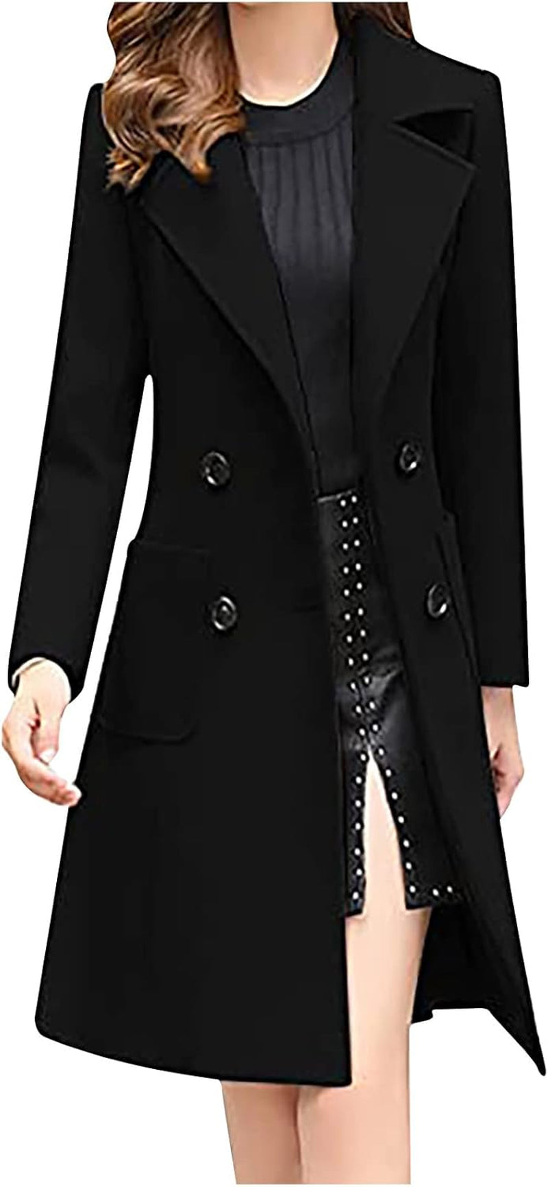 Trench Coats for Women, Elegant Notched Collar Double Breasted Wool Blend over Winter Coat Outwear with Pocket Black