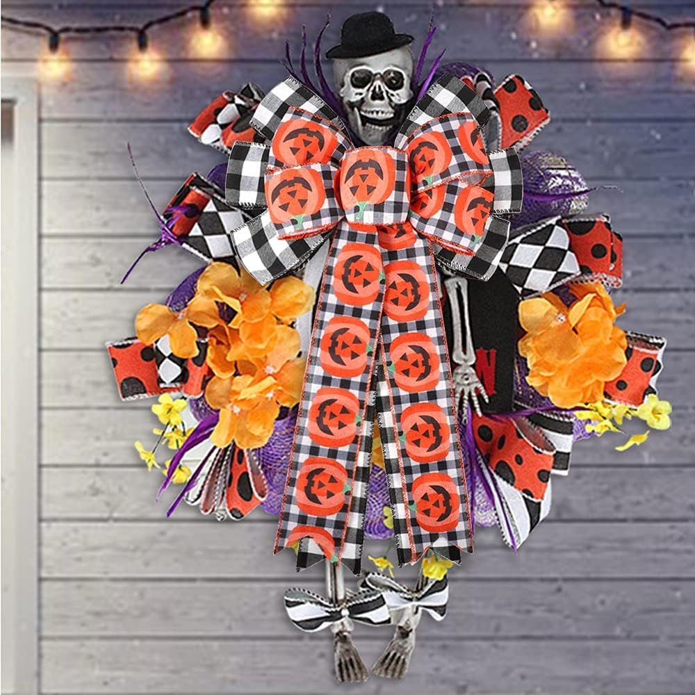 Halloween Wreath Bows Large Halloween Burlap Bow Tree Topper Black Buffalo Plaid Pumpkin Pattern Gift Bow for Halloween Party Holiday Decorative Bows Home Indoor Outdoor Ornaments