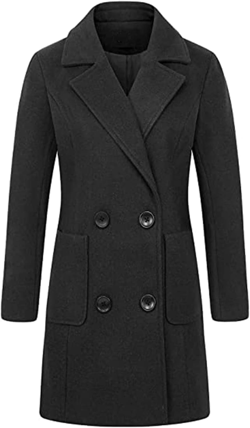 Trench Coats for Women, Elegant Notched Collar Double Breasted Wool Blend over Winter Coat Outwear with Pocket Black