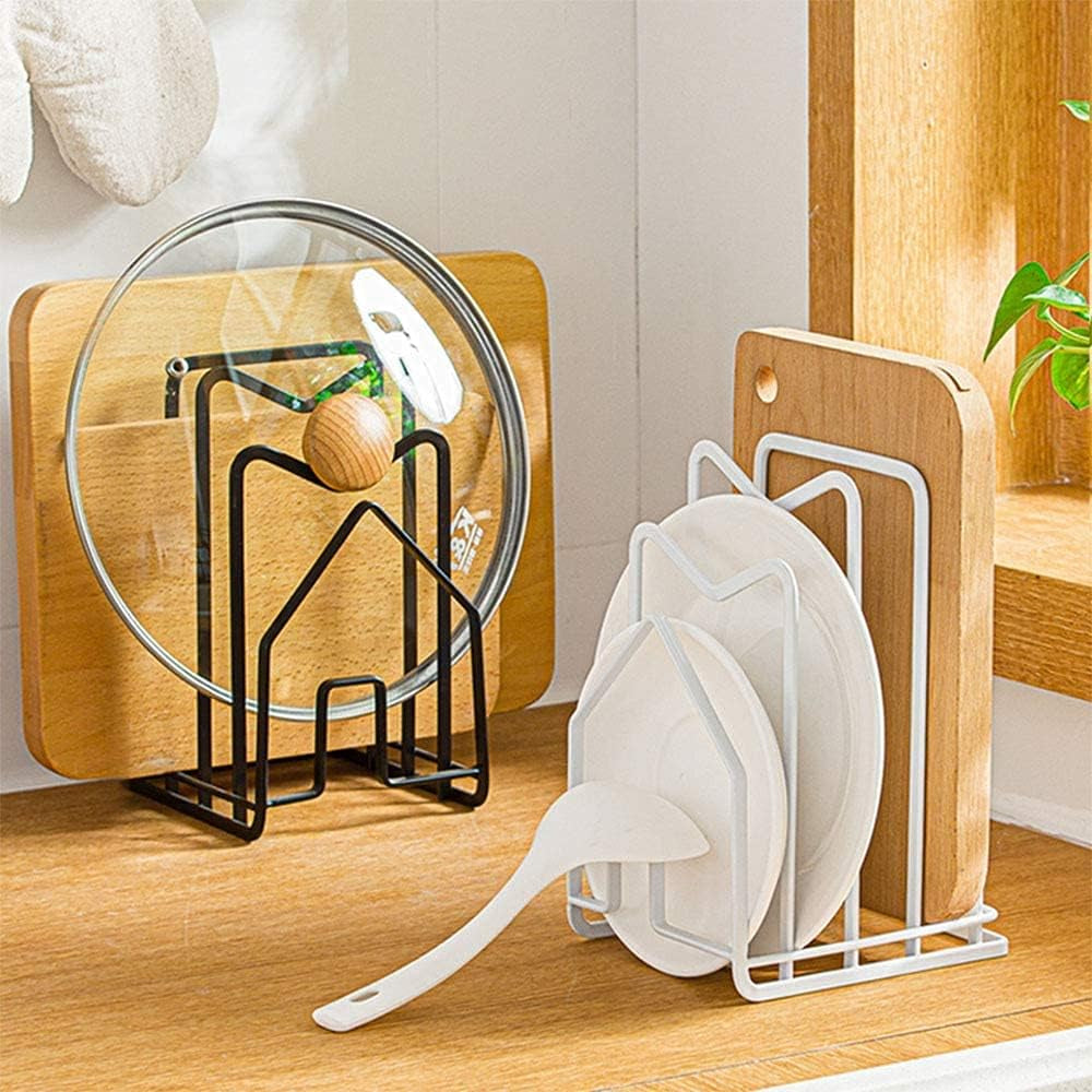 Cutting Board Holder Chopping Board Stand Rack W 2 Adhesive Hooks Pot Pan Lids Holder Kitchen Countertop Organizer Rack Black
