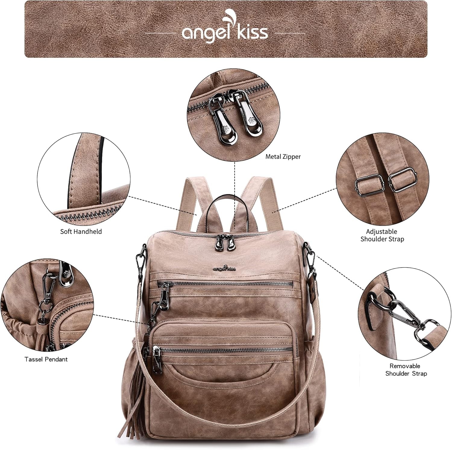 Women'S Backpacks & Purse - PU Leather Zipper Casual Backpacks & Shoulder Bags