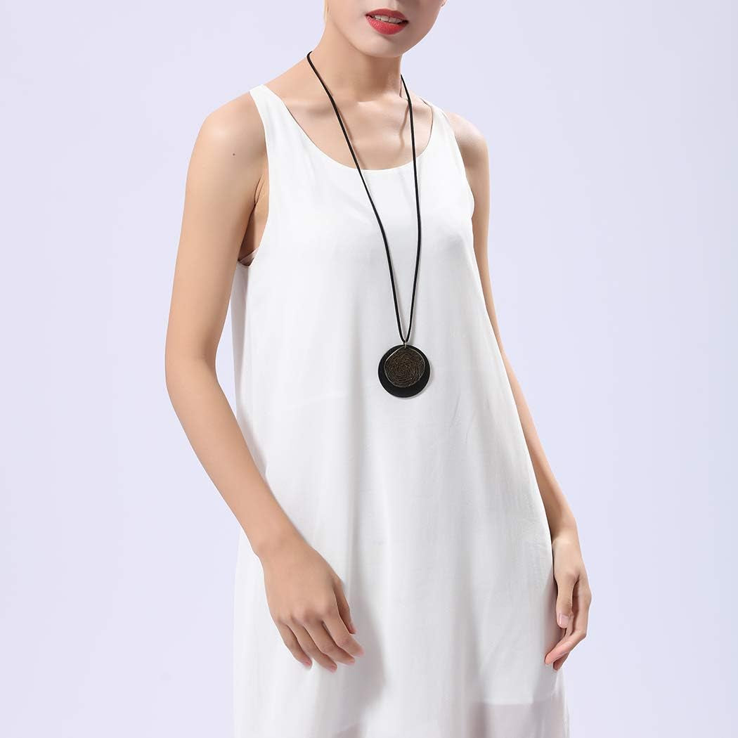 Womens Pendant Necklace Wood Handmade Jewelry Long Rope Sweater Necklace for Woman
