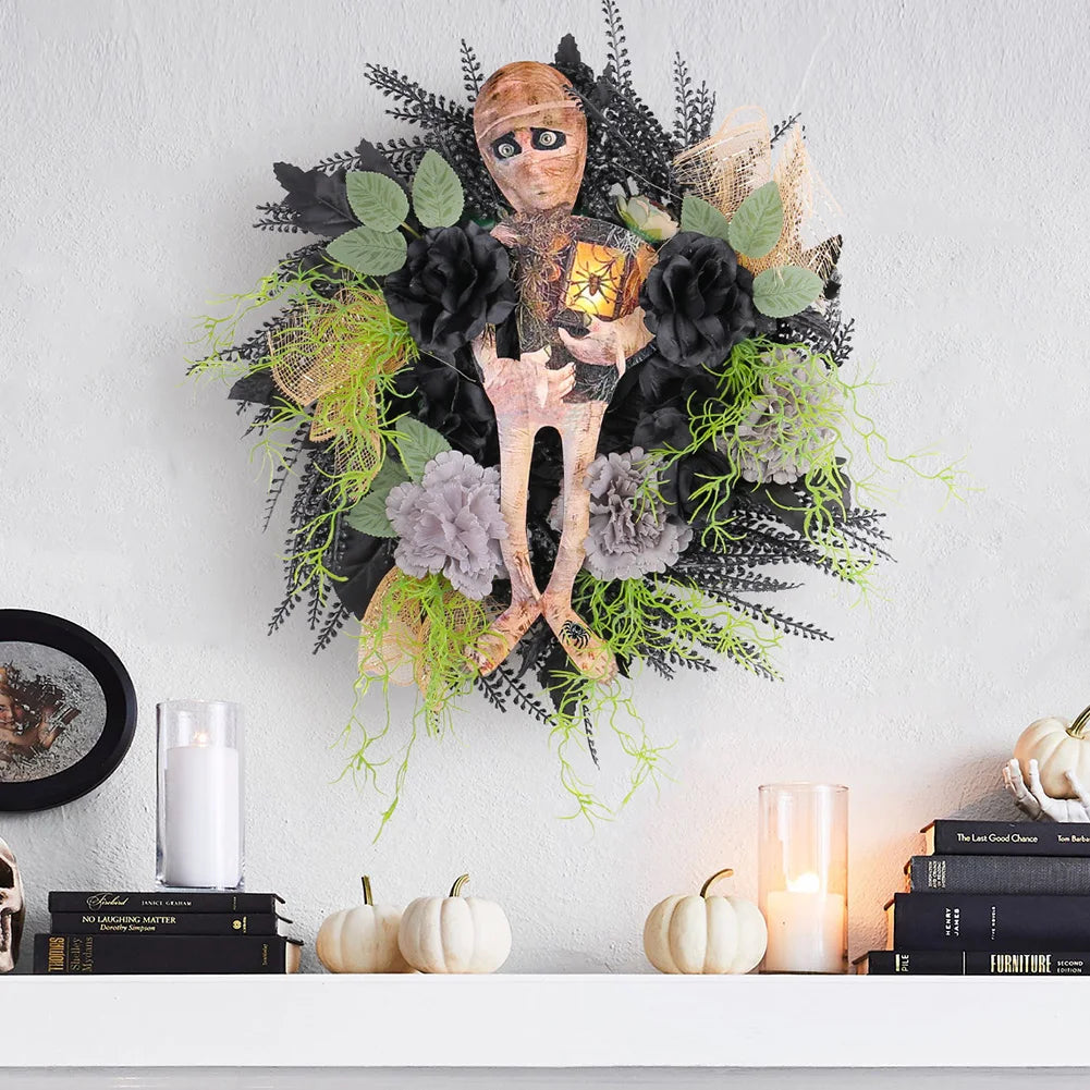 Halloween Mummy Wreath Window Hanging Ornament Spooky Halloween Scary Mummy Welcome Wreath Sign for Halloween Decorations