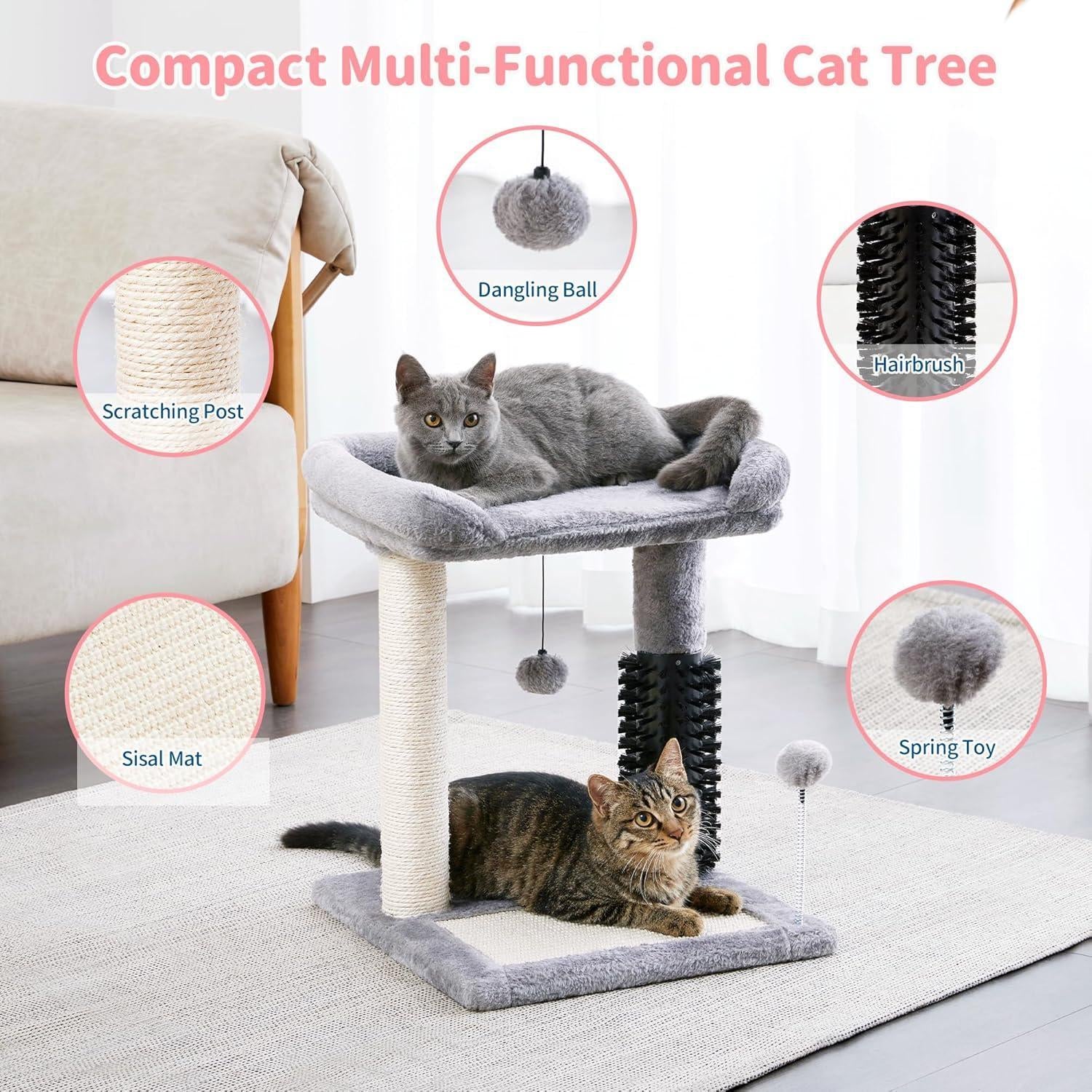 Small 4-In-1 Cat Tree Tower with Self-Grooming Brush and Natural Sisal Scratching Post, Soft Plush Cat Bed and Hanging Ball, Suitable for Indoor Kittens