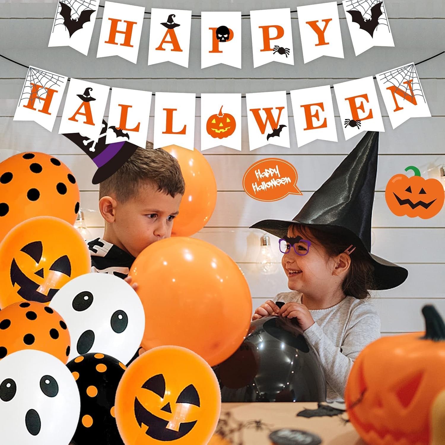 54Pcs Halloween Party Balloons Decorations, 12 Inch Black Orange White Balloons with Photo Prop for Kids Halloween Theme Party Background Classroom Decorations …