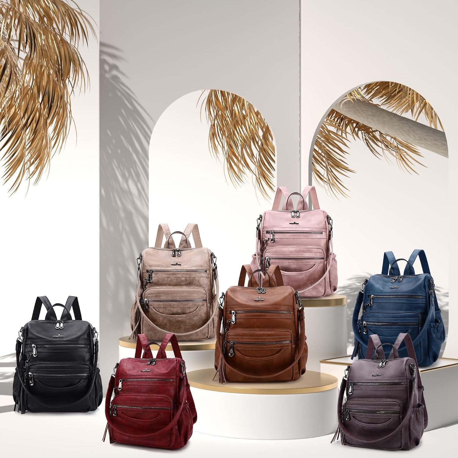 Women'S Backpacks & Purse - PU Leather Zipper Casual Backpacks & Shoulder Bags