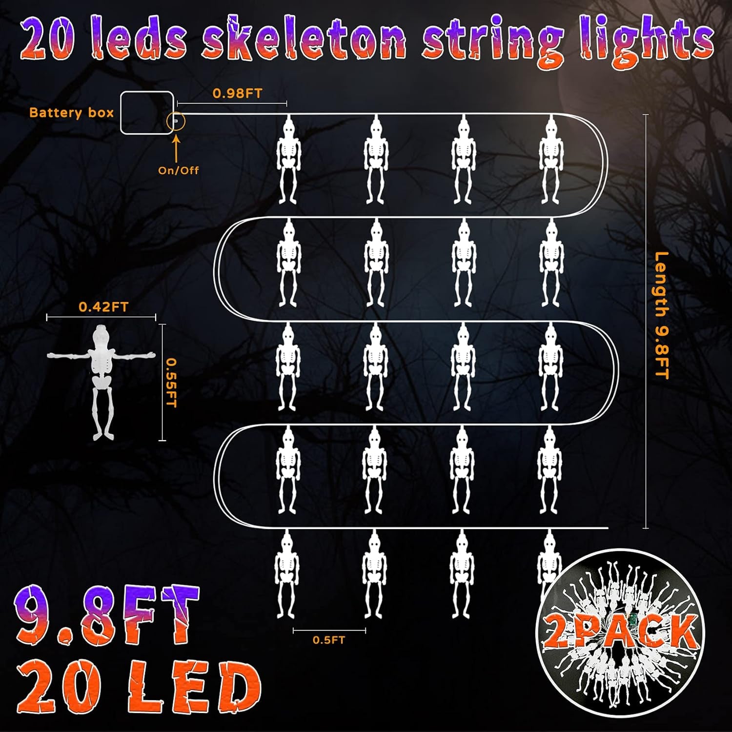 Battery operated skeleton lights, Halloween Decoration Light featuring 20 LEDs in a 9.8FT two-pack design.