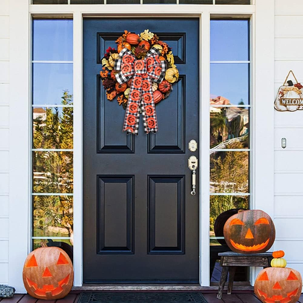 Halloween Wreath Bows Large Halloween Burlap Bow Tree Topper Black Buffalo Plaid Pumpkin Pattern Gift Bow for Halloween Party Holiday Decorative Bows Home Indoor Outdoor Ornaments