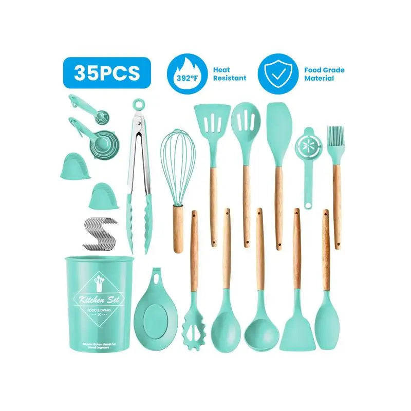 35Pcs Kitchen Utensil Set Including Spatulas, Baking Tools, Whisk, Tongs, Turners, Spoons, Cups, and Holder, Essential Cookware