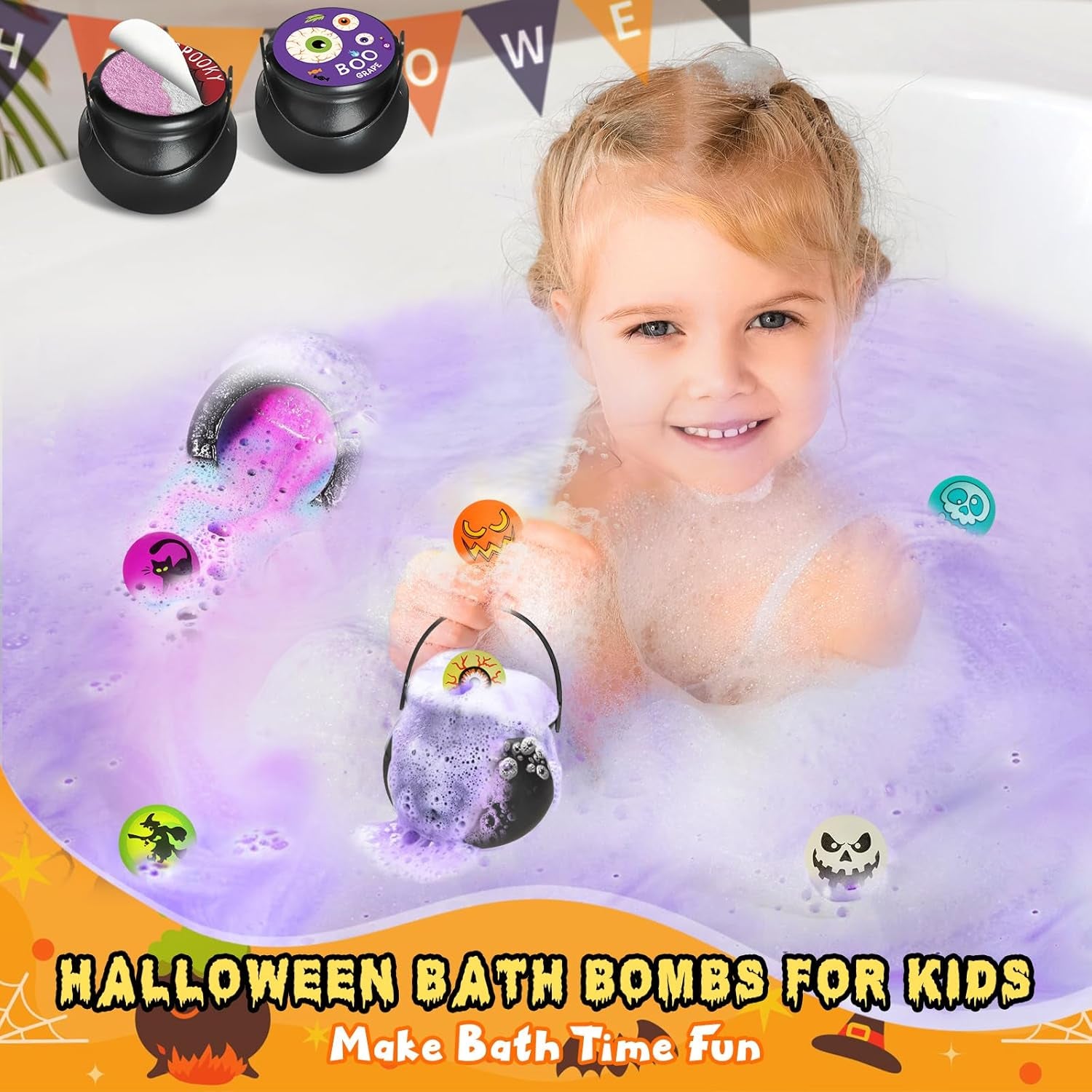 Halloween Witch Cauldron Themed Bath Bomb with Squishy Toy, 8 Packs Bubble Kids Bath Bombs, Black