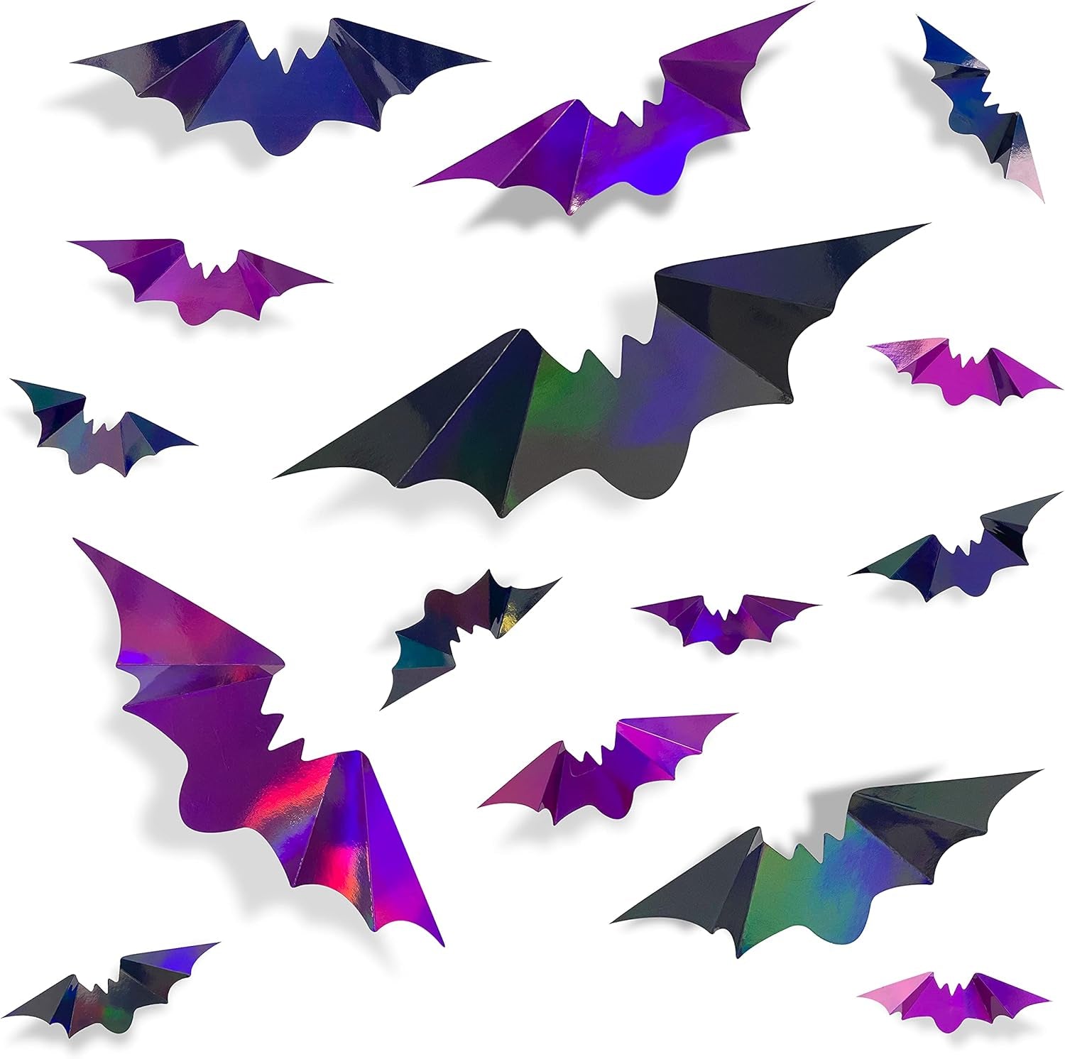 72Pcs Bats Halloween Decoration Iridescent 3D Bats Wall Decor Black Purple Holographic Paper Decorative Bat Wall Art Decals Stickers Spooky Bats for Halloween Home Room Decor Party Decoration Supplies