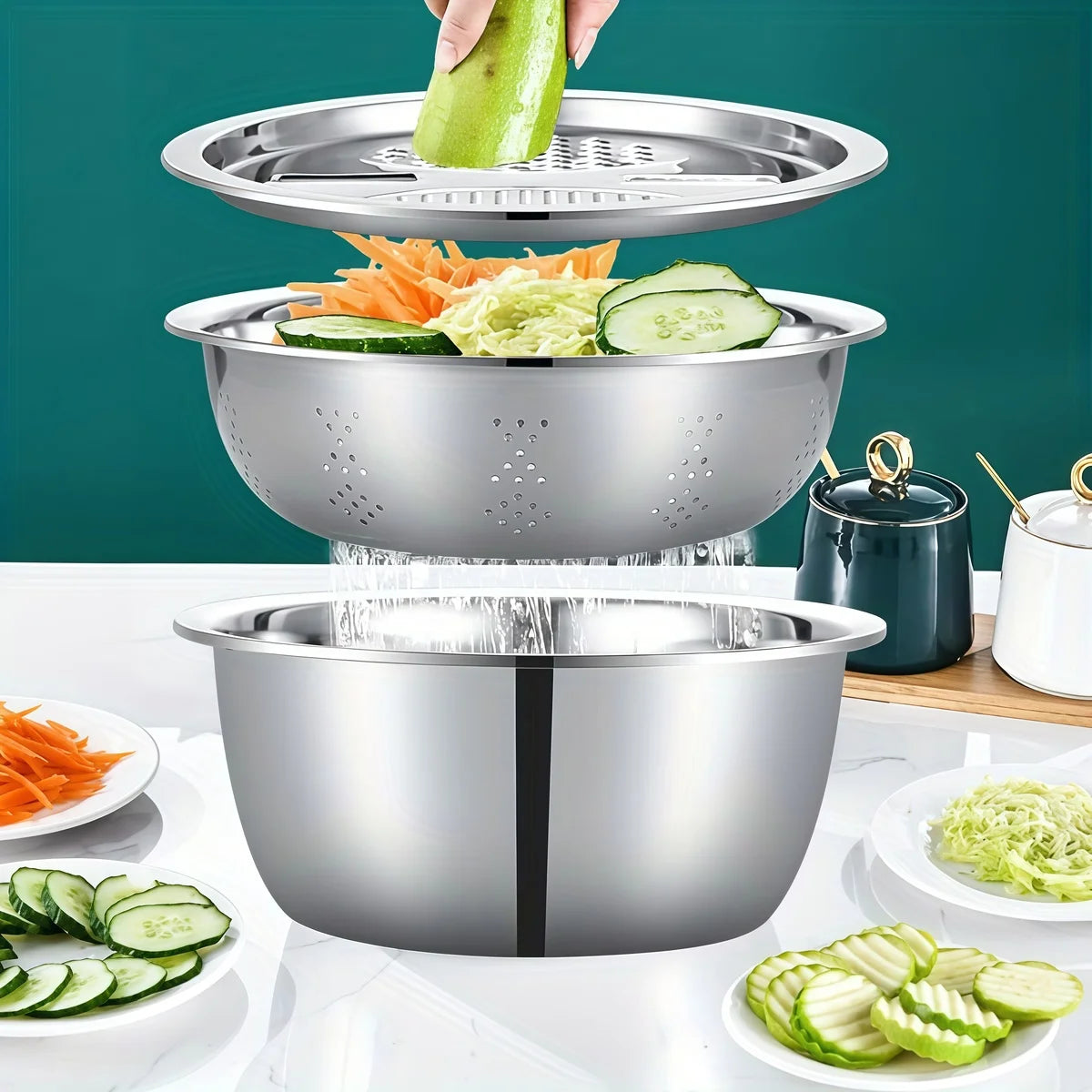 Stainless Steel 3-In-1 Vegetable Strainer Slicer Cutter Graters Drain Basket Salad Maker Bowl Kitchen Accessory Tool