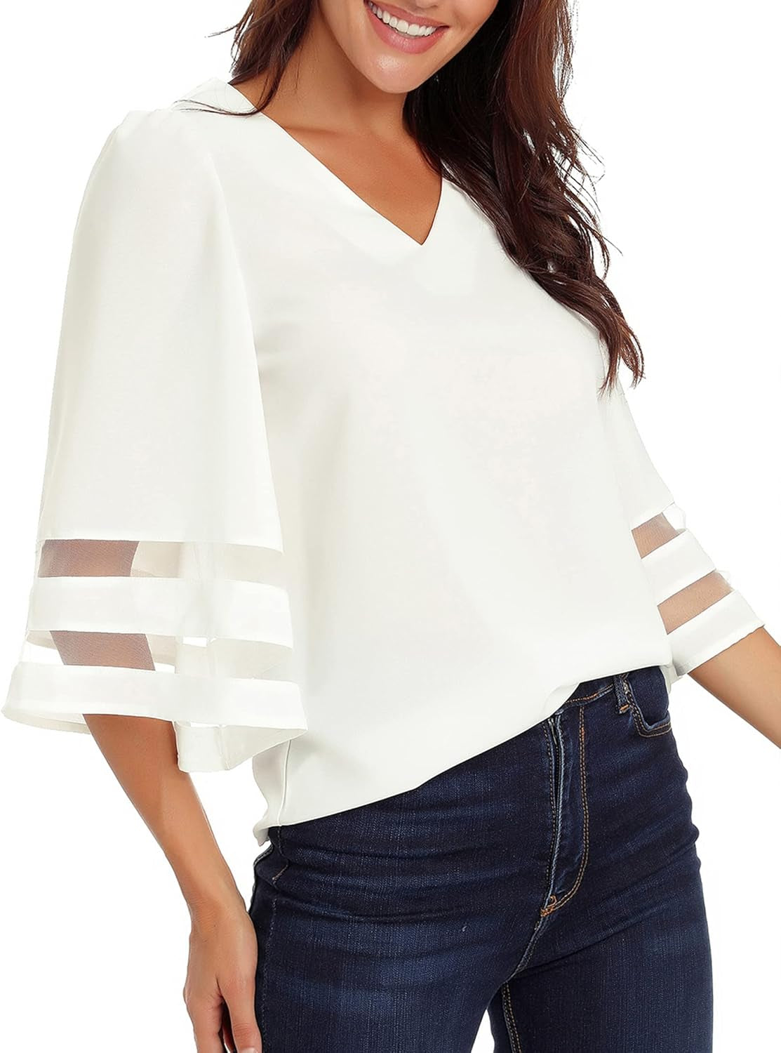 Women'S Casual V Neck Blouse 3/4 Bell Sleeve Mesh Panel Shirts Loose Top