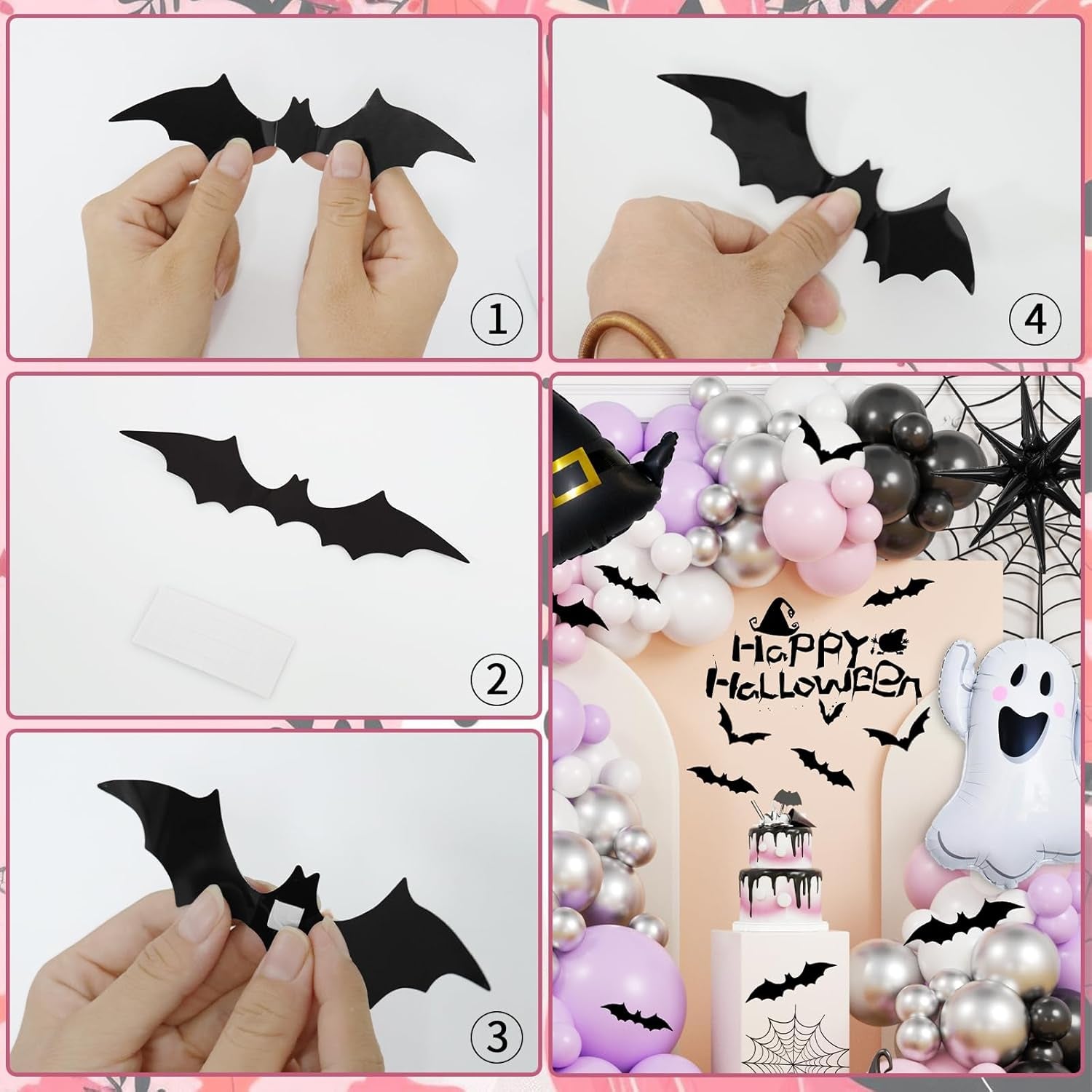 Pink Halloween Balloon Garland Arch Kit, 176Pcs Pink Purple Decor with Ghost Spooky Starburst Foil Balloons, Bat Stickers for Birthday Baby Shower Party Decorations for Girls