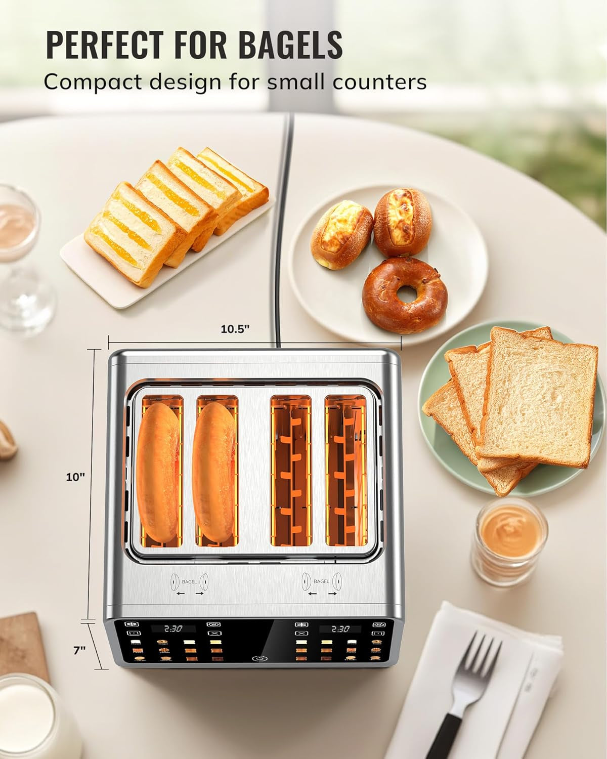 Toaster 4 Slice, Digital Smart Toaster with Touchscreen, Dual Control Panel, Single Slot Toasting, Timer, Reheat & Defrost for Bagels, Bread, Waffles, Stainless Steel Kitchen Essentials