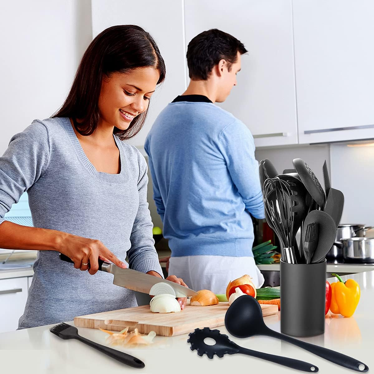 Silicone Cooking Utensils Set， Seamless 10 Pcs Series Black Kitchen Untensils Set without Holder Heat Resistant BPA Free, Silicon Spatula Kitchen Utensils