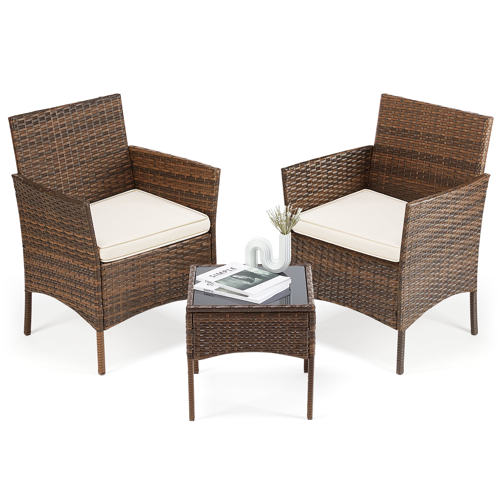 Patio Furniture Set 4 Pieces, Outdoor Furniture with Glass Table, Weaving Wicker Rattan Patio Chairs for Garden, Terrace, Porch, Lawns