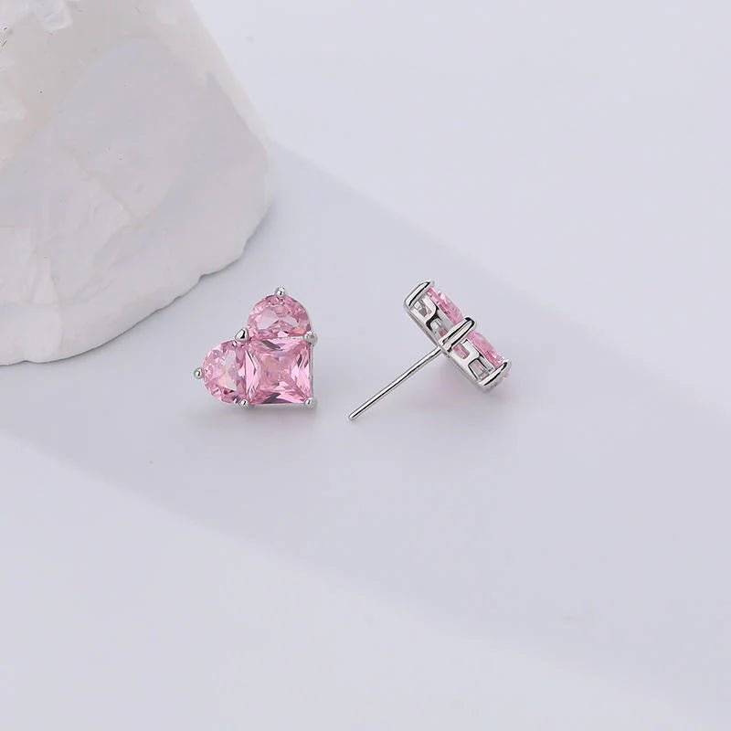 White Gold Pink Heart Earrings