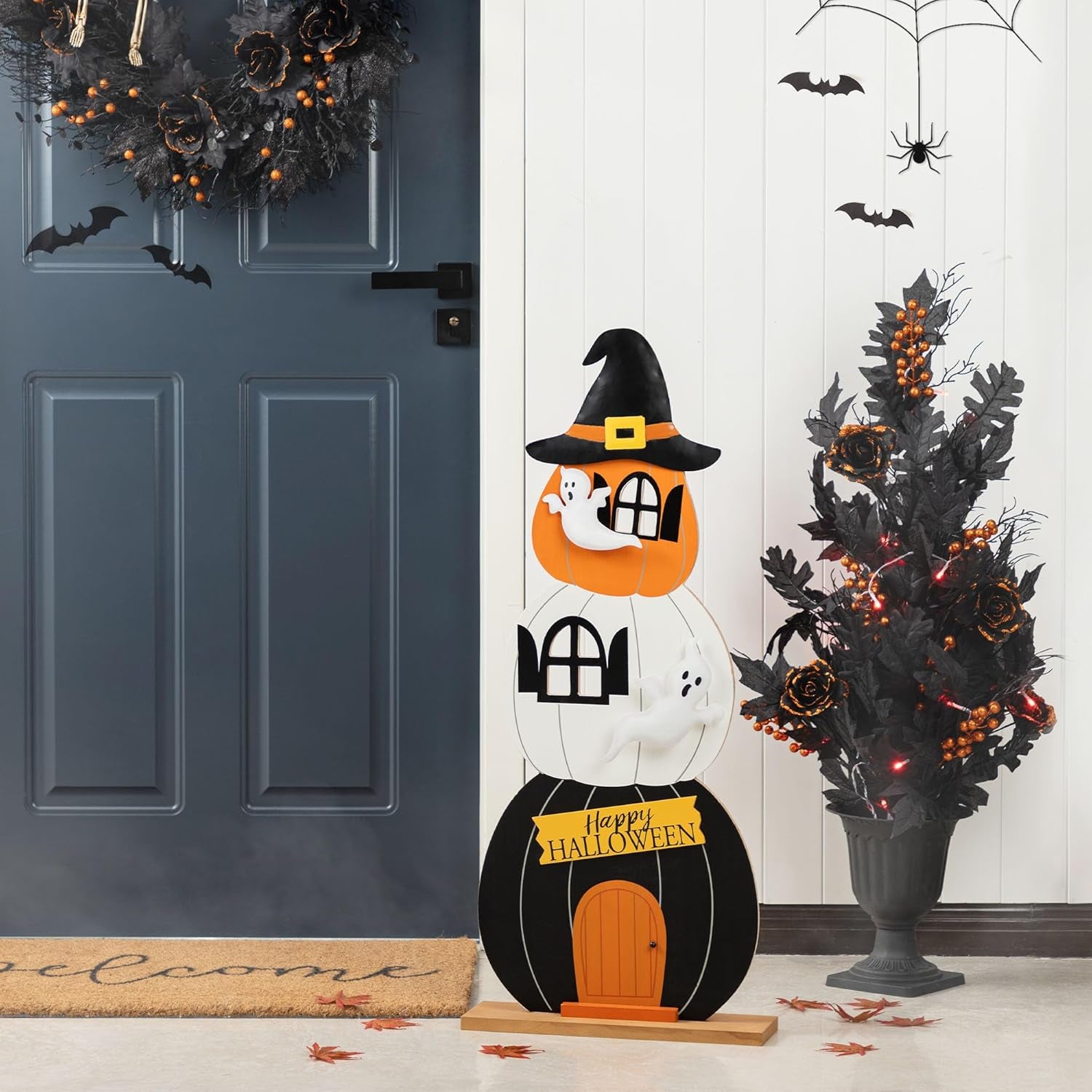 35"H Halloween Wooden Pumpkin Haunted House Porch Decor - Stacked Pumpkin with Witch Hat, Ghosts & Happy Halloween, Detachable Base for Easy Storage, Halloween Porch Sign Front Door Decor