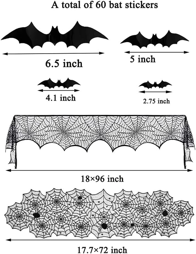 4 Pack Halloween Decorations Tablecloth Runner Black Lace round Spider Cobweb Table Cover Fireplace Mantel Scarf Spiderweb with 60 Pcs 3D PVC Scary Black Bat Sticker Halloween Party Supplies