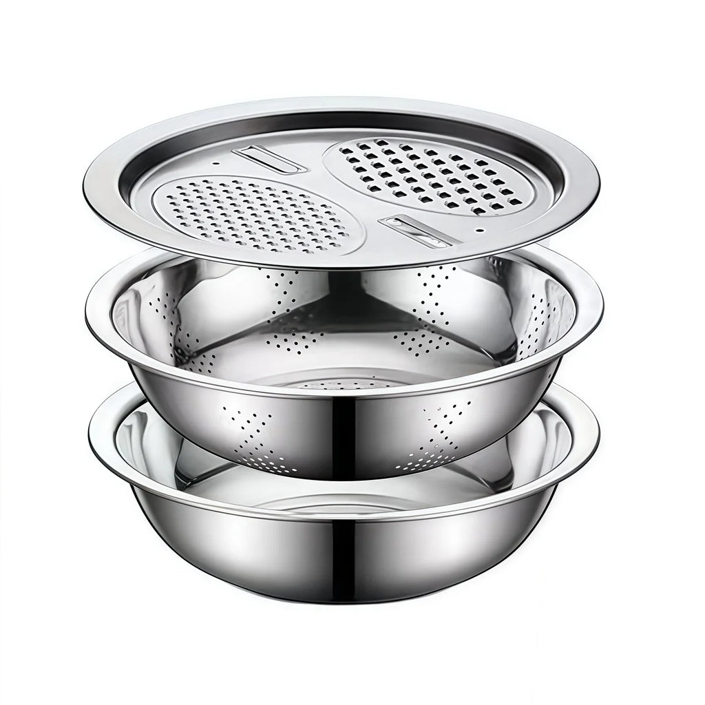 Stainless Steel 3-In-1 Vegetable Strainer Slicer Cutter Graters Drain Basket Salad Maker Bowl Kitchen Accessory Tool