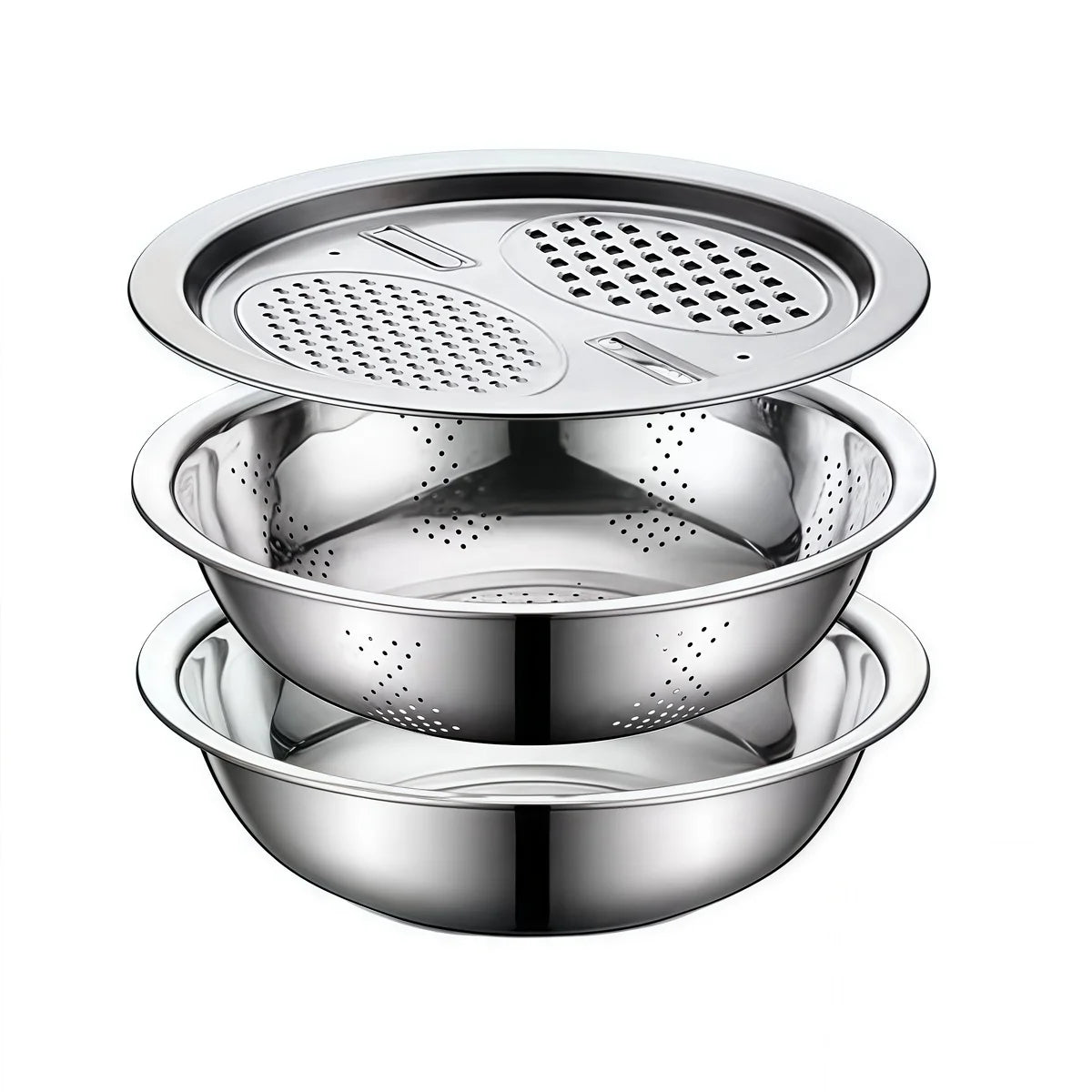 Stainless Steel 3-In-1 Vegetable Strainer Slicer Cutter Graters Drain Basket Salad Maker Bowl Kitchen Accessory Tool