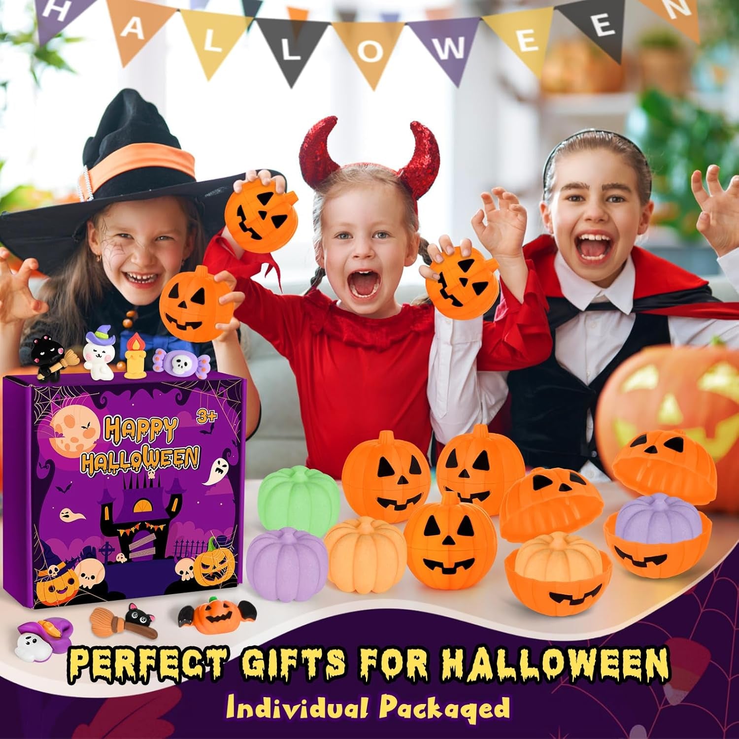 9 Pack Halloween Bath Bombs with Surprise Toys Inside, Halloween Pumpkin Bath Bombs for Kids, Halloween Party Favors for Kids Girls Boys, Halloween Treat Bags Gifts and Goodie Bag Stuffers