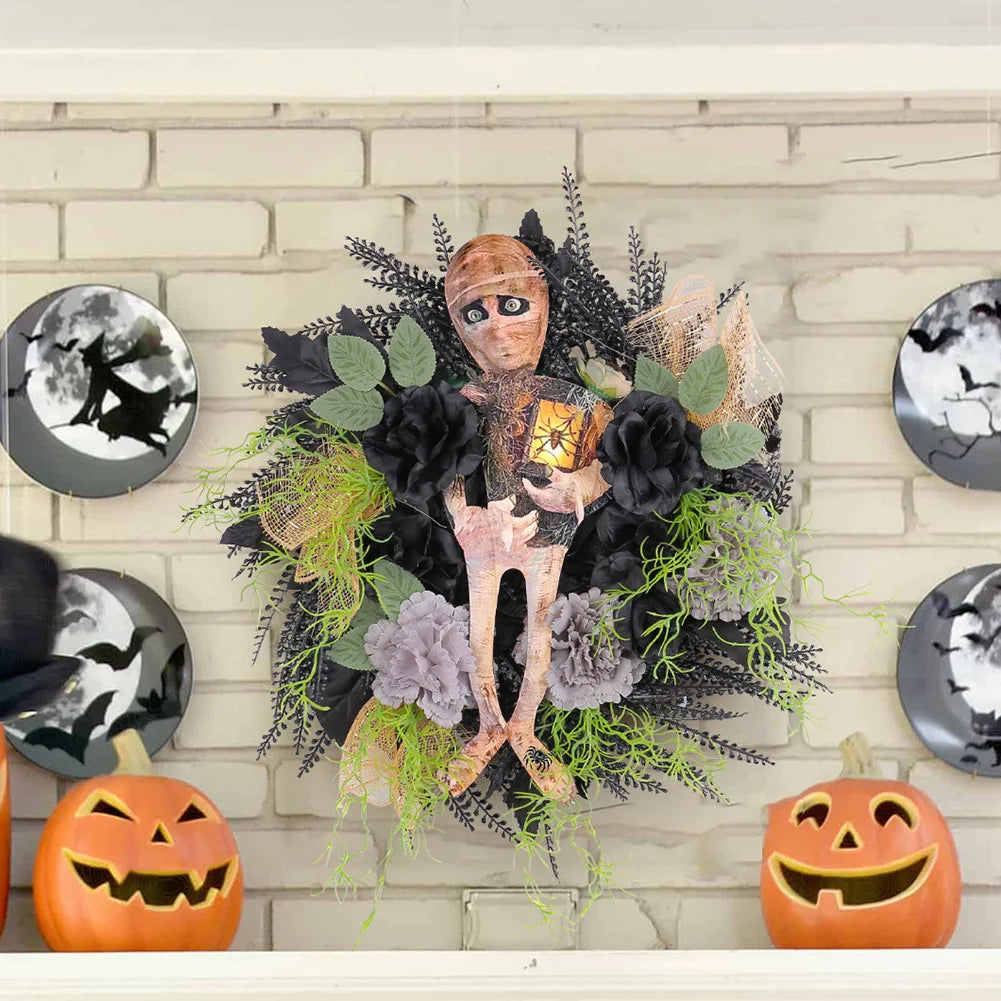 Halloween Mummy Wreath Window Hanging Ornament Spooky Halloween Scary Mummy Welcome Wreath Sign for Halloween Decorations