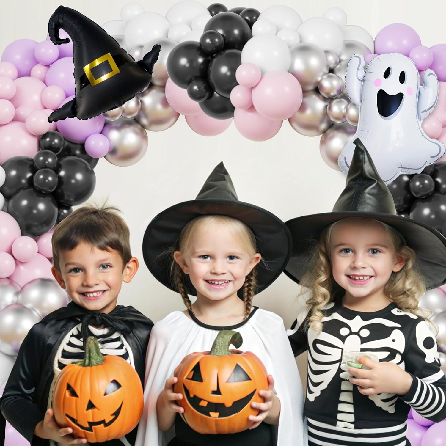 Pink Halloween Balloon Garland Arch Kit, 176Pcs Pink Purple Decor with Ghost Spooky Starburst Foil Balloons, Bat Stickers for Birthday Baby Shower Party Decorations for Girls