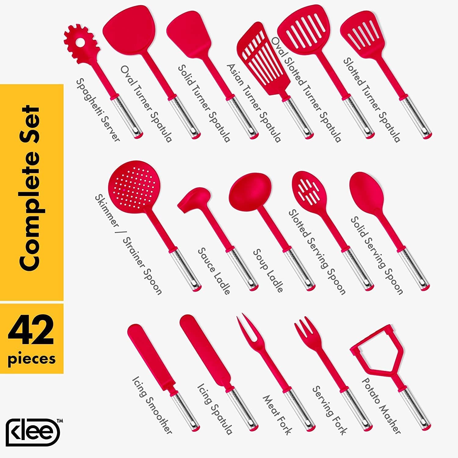 Klee Deluxe 42-Piece Heat-Resistant Stainless Steel and Nylon Kitchen Utensils Set (Red)