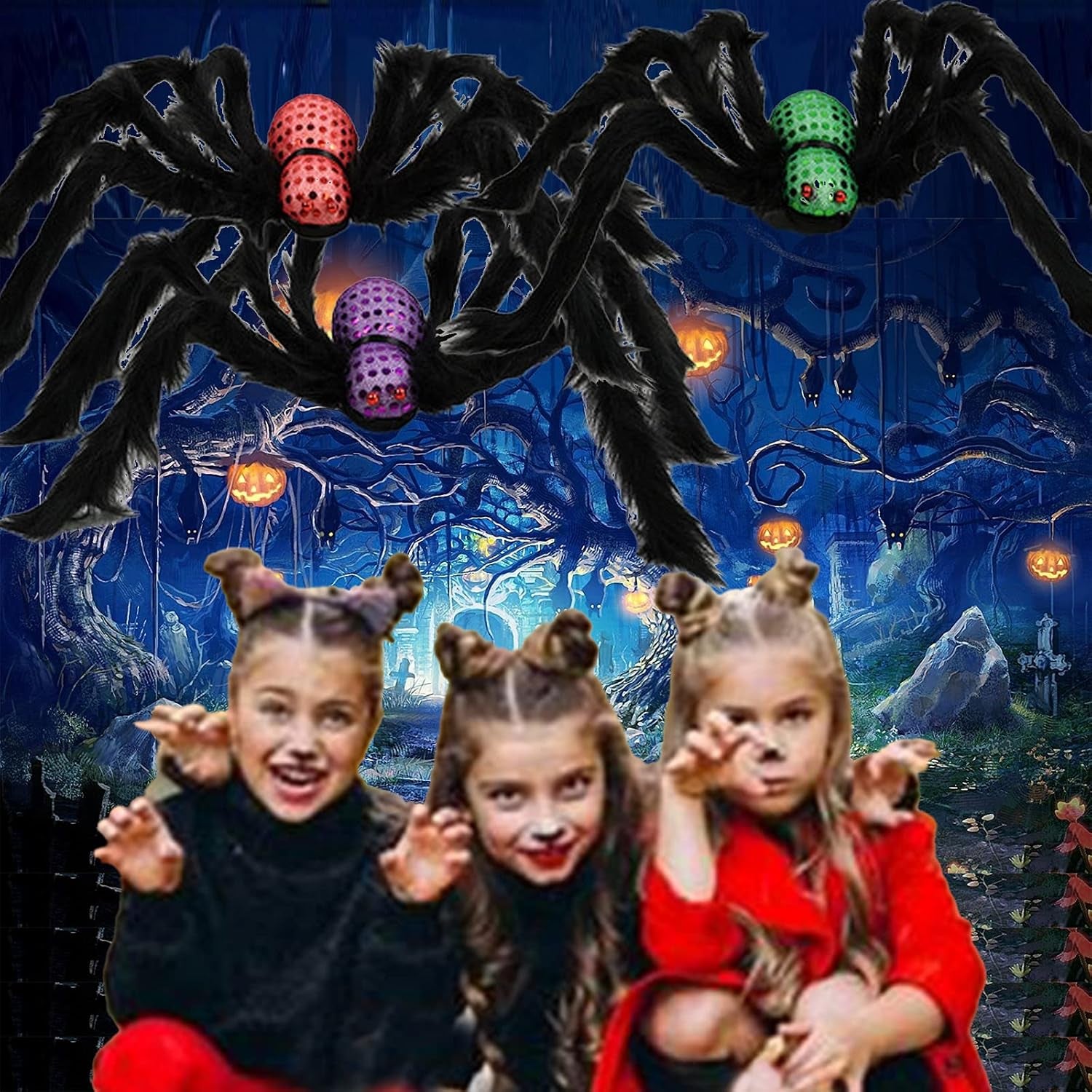 Halloween Giant Spider Decorations Realistic Hairy Spiders Sets Scary Fake Spider Props for Halloween Haunted House Indoor and Outdoor Decor (Halloween Spider Props 3Pcs)